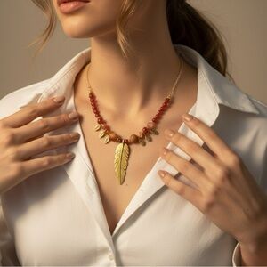 Ember Feather: Carnelian and Agate Gemstones Gold Feather Pendant Necklace